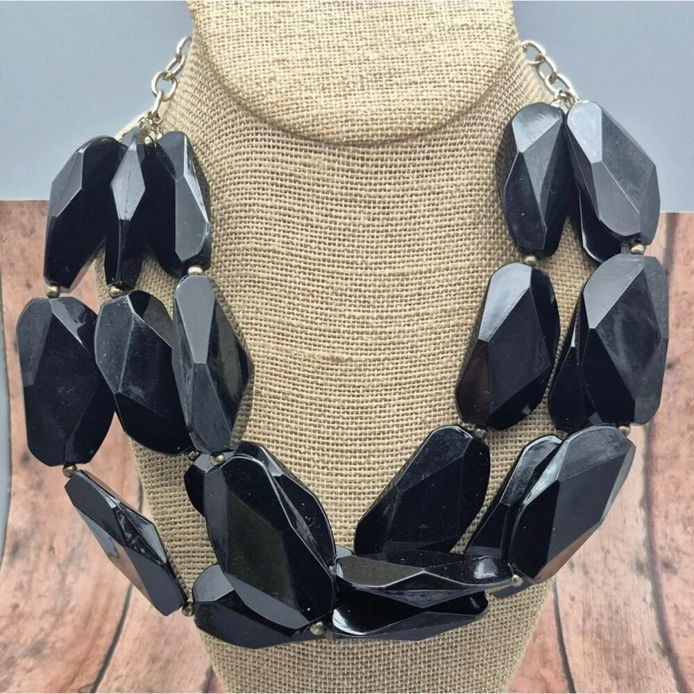 Black Chunky Multi Strand Large Bead Collar Necklace Statement Piece 22